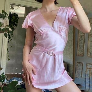 Pink 100% silk puff sleeve dress